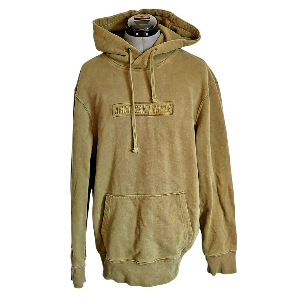 American Eagle Mens Olive Green Embroidered Logo Fleece Hoodie Sweatshirt Size M